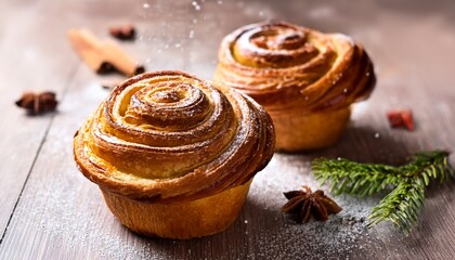 golden flaky pastry cuffin with cinnamon twist and sugar topping