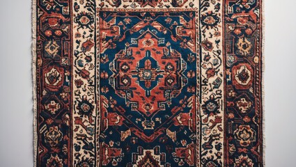 Naklejka premium Traditional machine-made carpet with intricate patterns in deep blue, red, and cream tones displayed prominently on a white background.