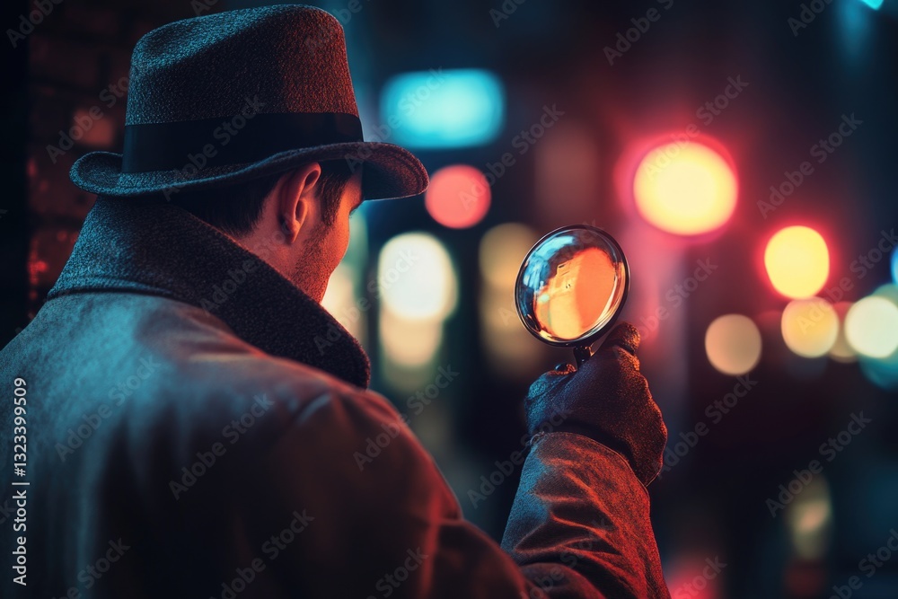 Poster a person examining an object or area using a magnifying glass, useful for detective work, scientific
