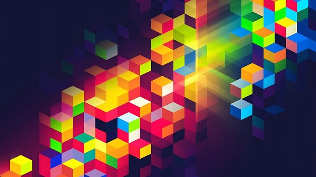Lots of colorful cubes of diagonally radiant zoas trend 3d illustration dark blue