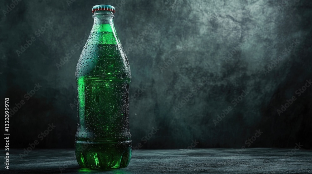 Poster a single serving of carbonated drink on a flat surface, suitable for use in illustrations, advertise