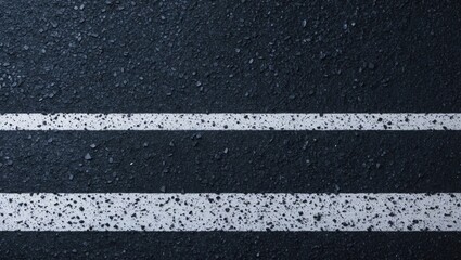 Asphalt texture with two horizontal white dashed lines on a dark surface creating a spacious area for text or design in the center.