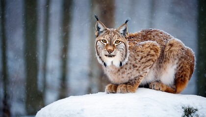 european lynx crouching on a snowy rock during a winter snowfall in a forested landscape