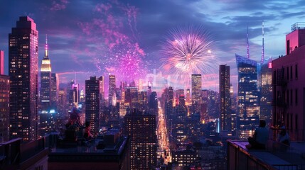 Obraz premium Vibrant City Skyline with Fireworks Display Over Buildings at Night