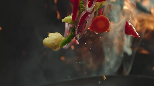 Close-up of cooking and spreading vegetable mixture on a skillet on the fire, cooking fresh food