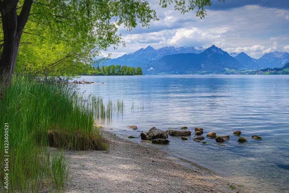 Poster a serene lake scene with trees and rocks surrounding the water