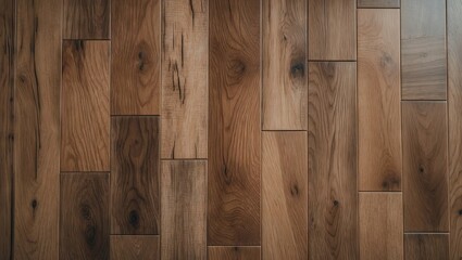 Fototapeta premium Brown laminate wood parquet flooring texture with varied plank sizes and grain patterns positioned diagonally across the image background.