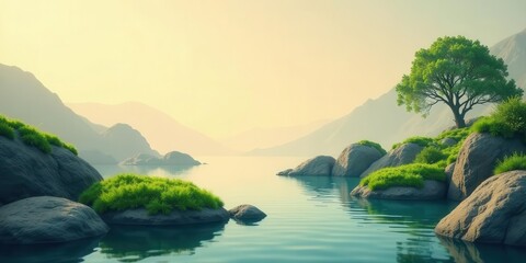 Naklejka premium Serene Lakeside Vista Tranquil Waters Reflecting Misty Mountains and Lush Green Vegetation