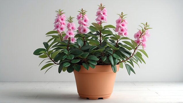 Vibrant pink flowers of the Rhoeo discolor houseplant in a brown pot on a light wooden surface with a soft white background.