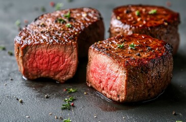 Three pieces of steak with a sprinkle of parsley on top. The steak is cooked medium rare and has a juicy red center