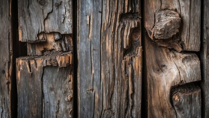 Obraz premium Weathered wooden planks in varying shades of brown and gray, showcasing deep grooves and natural textures, creating a rustic, organic appearance.