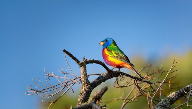 painted bunting passerina ciris looking over its shoulder from a tree top