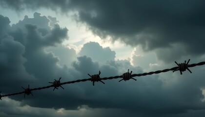 Barbed wire against dark storm clouds in moody atmospheric sky