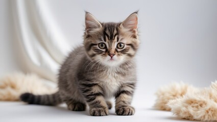 Obraz premium Fluffy tabby kitten standing on a soft surface with beige pom-poms against a smooth white background showcasing its cute expression and fur details.
