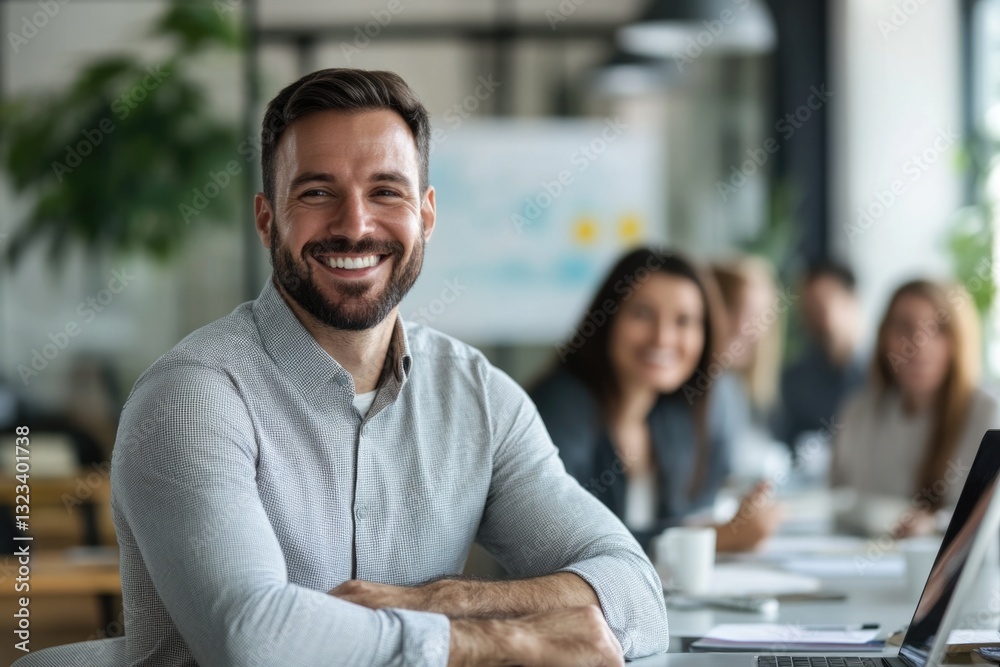 Poster man sits at a table with an open laptop, focused on his work