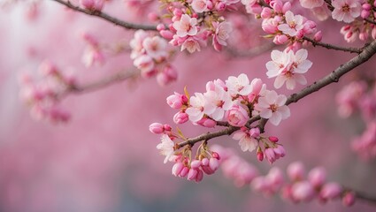 Obraz premium Blossoming cherry tree branches adorned with delicate pink flowers against a soft blurred pastel pink background creating a serene spring atmosphere.