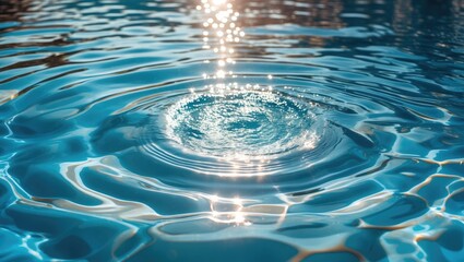 Rippling turquoise water in a pool reflecting sunlight with circular ripples creating a serene ambiance and ample space for text on top