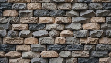Obraz premium Decorative stone wall backdrop showcasing a mix of earthy browns and grays in a random pattern, ideal for textures and backgrounds.