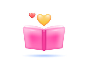 illustration of an open book with a heart. liking and enjoying reading a book. world book day concept. favorite and like. symbol or icon. minimalist 3d style design. element