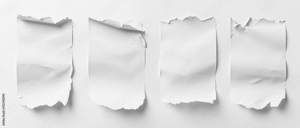 Poster four ripped sheets with written text on a clean white surface, ideal for representing ideas, thought