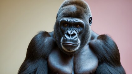 Obraz premium Majestic gorilla portrait against soft pastel background with shades of peach and lavender highlighting its powerful physique and expressive gaze.