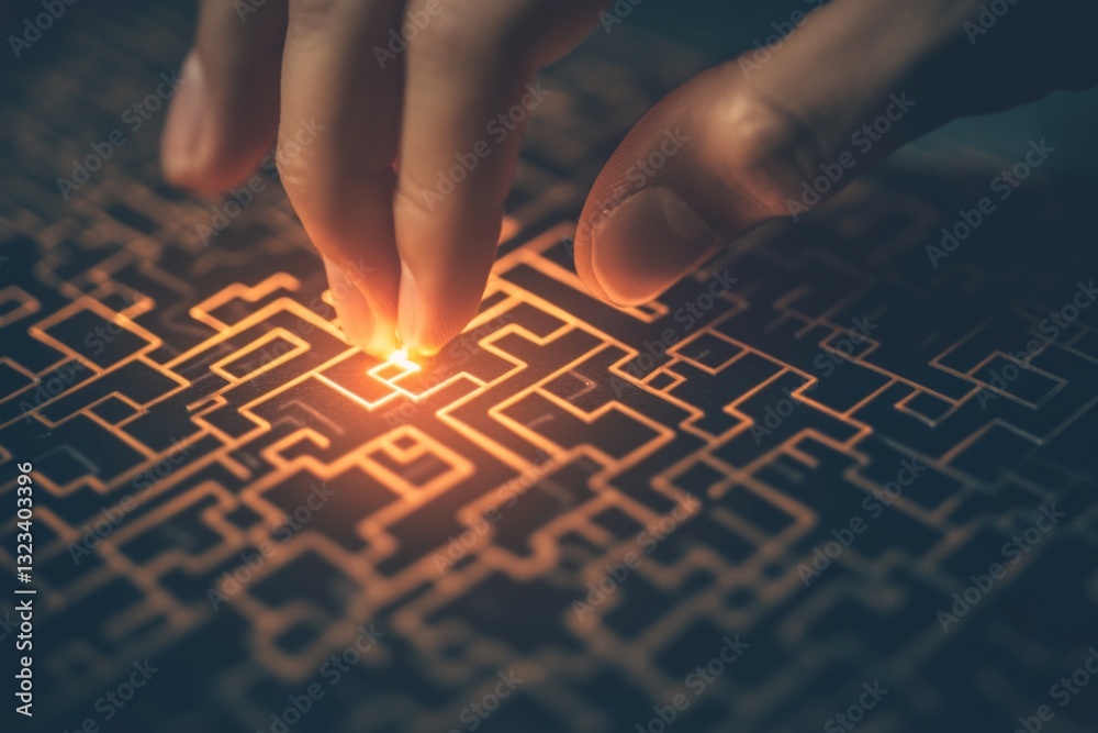 Poster a close-up shot of a person's hand touching a light source on an electrical circuit board