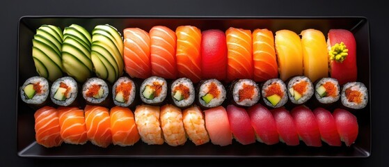 A variety of sushi pieces arranged on a tray