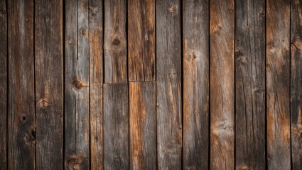 Naklejka premium Rustic weathered barn wood backdrop featuring aged brown and gray planks arranged horizontally with textures and natural imperfections prominently displayed.