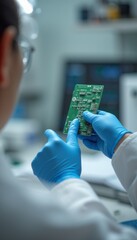 A focused engineer in a lab coat and blue gloves inspects a green circuit board, showcasing precision and expertise in technology. The image captures the essence of innovation and the intricate