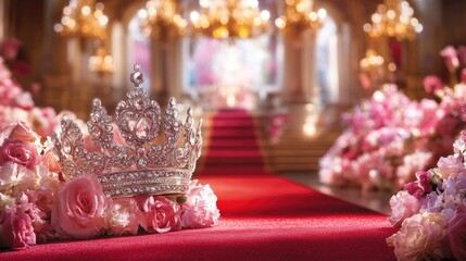 Elegant Silver Crown on Red Carpet Surrounded by Beautiful Roses