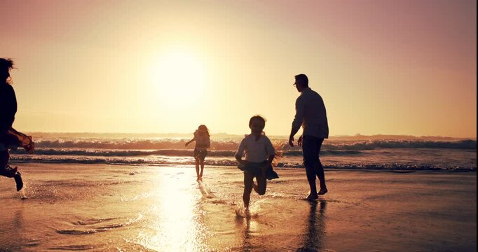 Parents, children or run with sunset on beach of race game, energy or silhouette on summer vacation. Family, kids or playful with ocean activity, tropical holiday or travel adventure of getaway trip