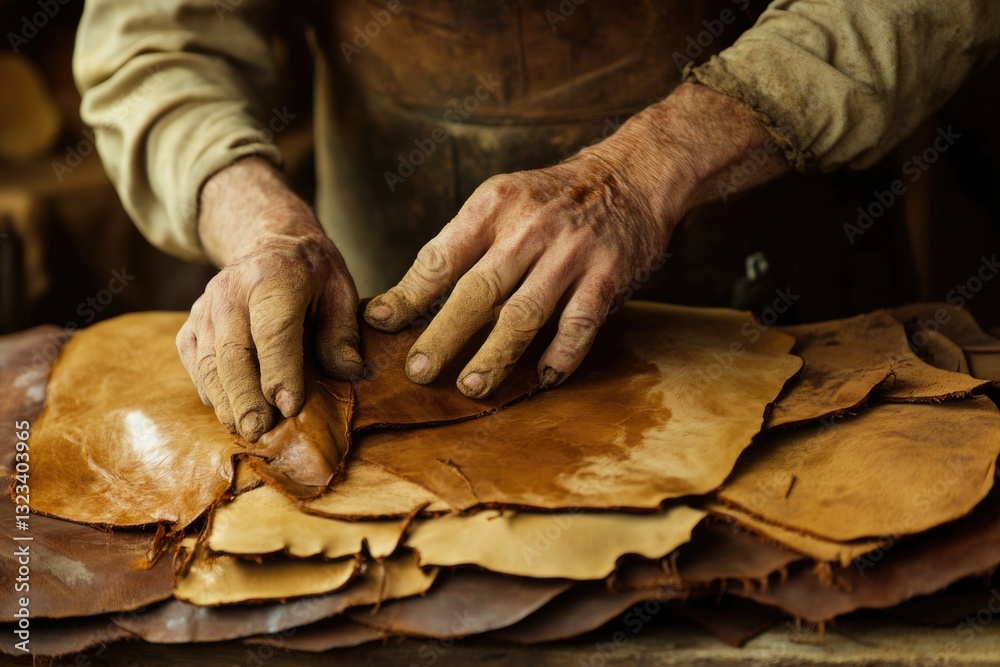 Poster a close-up shot of someone creating a piece of leather, showcasing the craftsmanship and attention t