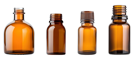  Collection of amber glass bottles isolated on transparent background