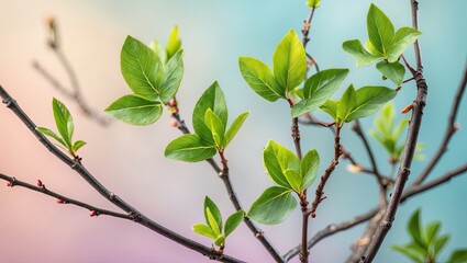 Obraz premium Fresh green spring leaves contrast against a soft pastel blue and pink background with delicate twigs positioned elegantly in the frame.