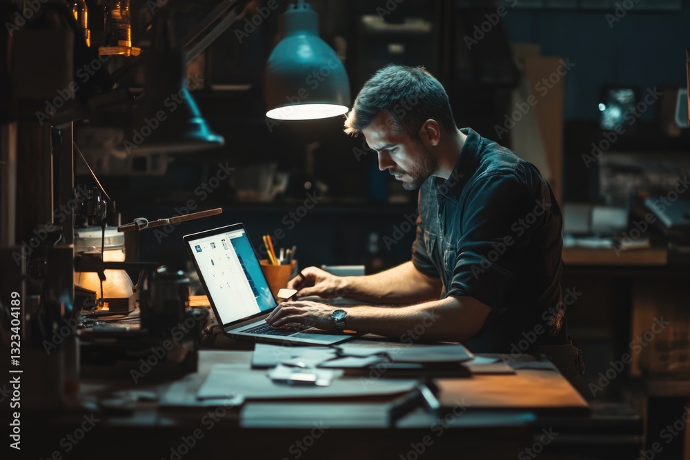 Poster a person sitting at a desk working on a laptop computer