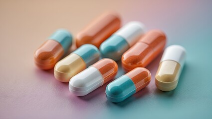 Colorful capsules in orange, teal, white, and cream arranged on a soft pastel gradient background showcasing their pharmaceutical appeal.