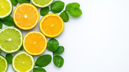 Vibrant citrus slices and fresh mint leaves arranged on a white background. A refreshing and healthy image, ideal for food, beverage, or lifestyle concepts.