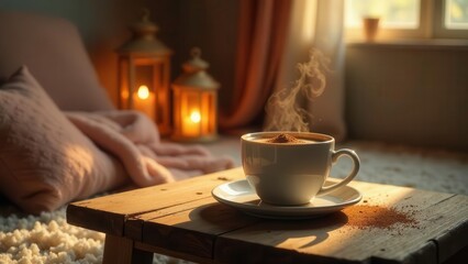 Fototapeta premium Warmth, Comfort, and a Steaming Cup of Cocoa on a Cozy Wooden Table Near Soft Pillows and Glowing Lanterns