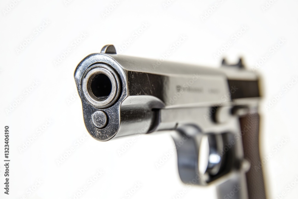 Poster A close-up view of a gun with a white background, suitable for use in various contexts