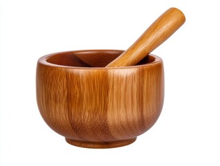 Wooden mortar and pestle on white background. Rich brown tones, smooth texture.  Simple kitchen tool.