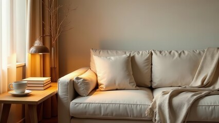 Serene Living Room Ambiance Soft Lighting, Cozy Sofa, and a Warm Throw Blanket Enhance Relaxation