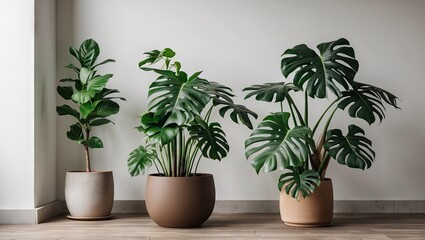 Fototapeta premium Three lush Monstera adansonii plants in brown and beige pots positioned against a neutral wall, enhancing minimalistic home decor aesthetics.