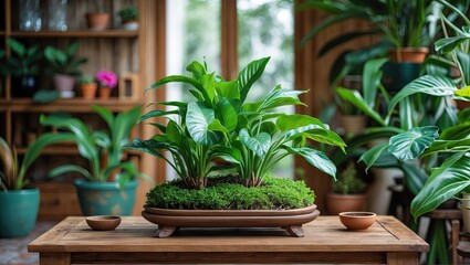 Fototapeta premium Lush ornamental plants in a wooden table setting with green foliage and brown pots creating a refreshing home atmosphere with a calming vibe.