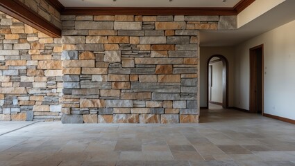 Natural stone wall in a spacious unoccupied living room featuring earthy tones, with light brown and gray stones contrasting against a neutral floor.