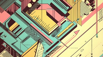 Dynamic Abstract Geometric Design Featuring Colorful Shapes and Patterns in Bold Patterns
