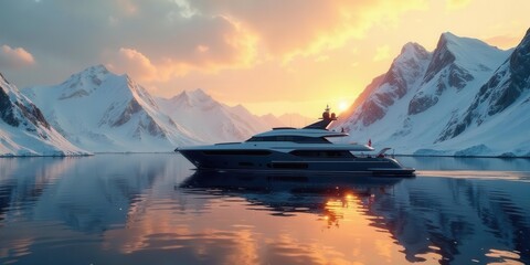 Luxury Yacht Sailing Majestically Through a Serene, Snow-Capped Mountain Fjord at Sunset