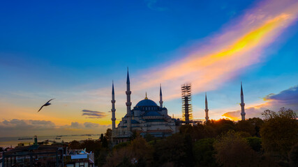 Naklejka premium The Blue Mosque or Sultan Ahmet Mosque of Istanbul, sunset scene view, Turkey