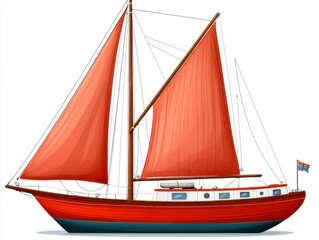 Obraz premium Red sailboat with full sails on a white background. The boat is a classic design with white accents.