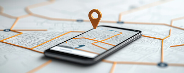 smartphone displaying digital map with location pin, showcasing navigation features and geofencing technology. This represents modern mapping solutions and location tracking
