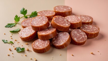 Sliced sausage pieces arranged on a beige and pastel pink background with fresh parsley leaves in the composition for a food presentation.